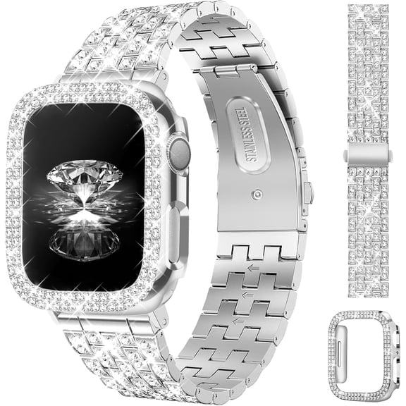 Diamond Bands with Bling Case Women Compatible with Apple Watch 40mm 38mm 41mm 44mm 45mm 42mm 46mm 49mm Luxury Metal Bracelet Replacement Strap for iW