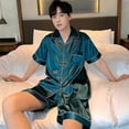 thumbnail image 3 of Pijama tipo cárdigan con solapa de seda de hielo de verano para hombre, pantalones cortos sencillos de manga corta, traje de color sólido, ropa para el hogar, 3 of 5