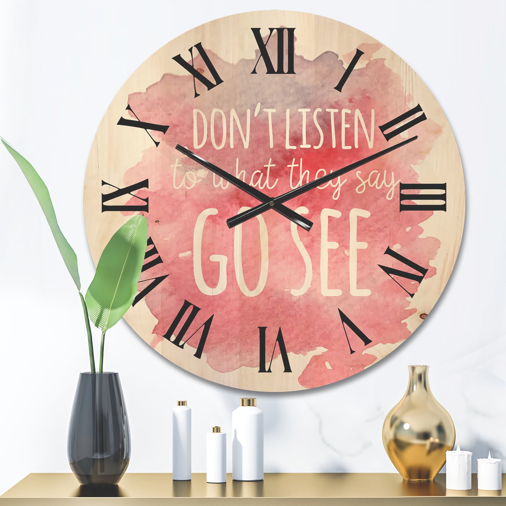 Designart 'Don't Listen To What They Say Go See On Pink Background' Traditional Wood Wall Clock