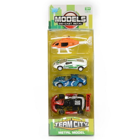 Model Helicopter Engine 4PCS Diecast Metal Car Models Cars and Helicopter Play Set Pull Back Cars Vehicle Playset ()
