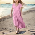 thumbnail image 5 of Mgmyaa Robes pour Filles Enfants Été Manches Courtes Col en V Chandail Longue Robe Plage Robe Décontractée, 5 of 5