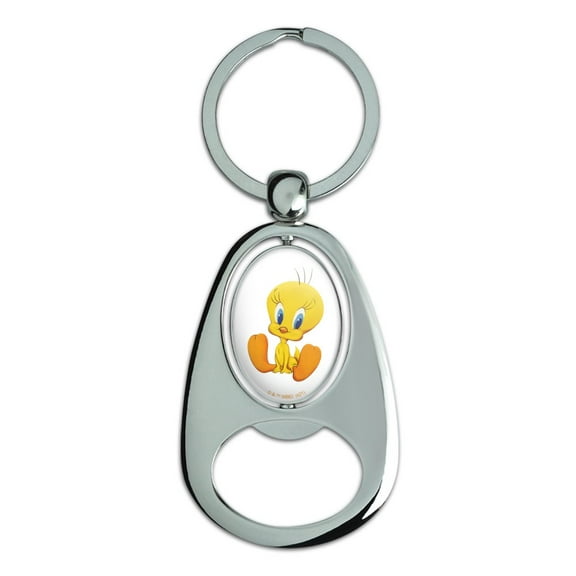 Looney Tunes Cute Tweety Keychain Chrome Metal Spinning Oval Bottle Opener