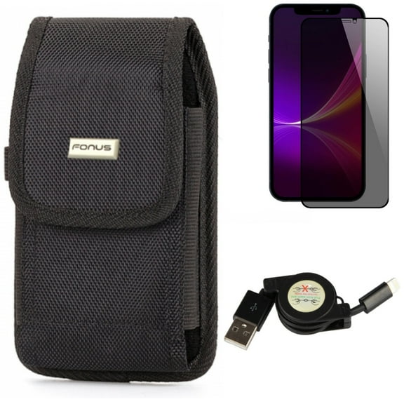 Case Belt Clip & USB Cable & Privacy Screen Protector for iPhone 13 Pro Max ONLY - Swivel Holster Rugged   Retractable Charger Power   Tempered Glass Curved Anti-Spy Combo