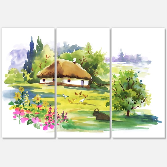 Designart ' Blossoming Greenlands And A Rural House ' Traditional Canvas Wall Art Print