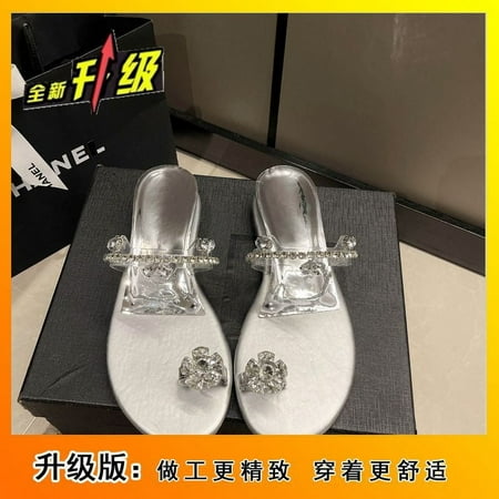

HHH Fairy Style! Internet Celebrity Rhinestone Silippers Women s Outdoor Wear 2024 New Wedge Toe Covering All-Match Flat Slippers