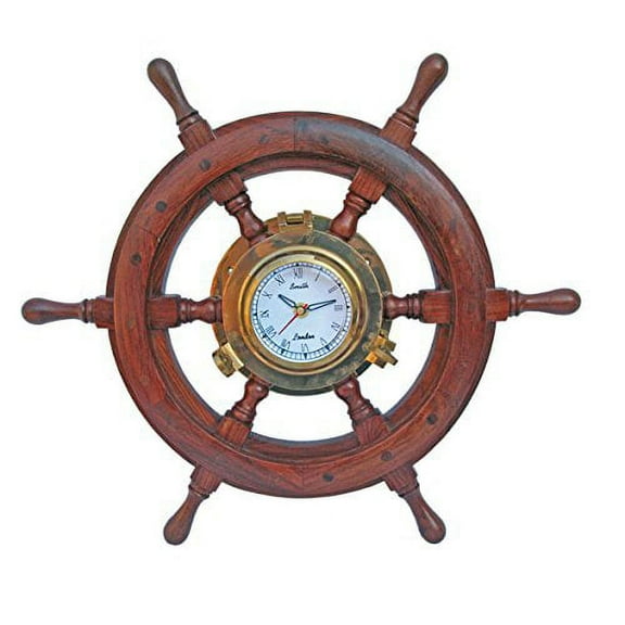 Nagina International 18" Nautical Ship Wheel with 3" Porthole Clock -Pirate Home Decor