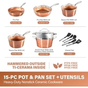 Gotham Steel Hammered 15 Pc Ceramic Pots and Pans Set Non stick, Ceramic Cookware Set with Utensils, Pots and Pans for Cooking, Non Toxic Pot and Pan Set, Kitchen Set, Oven/Dishwasher Safe, Copper