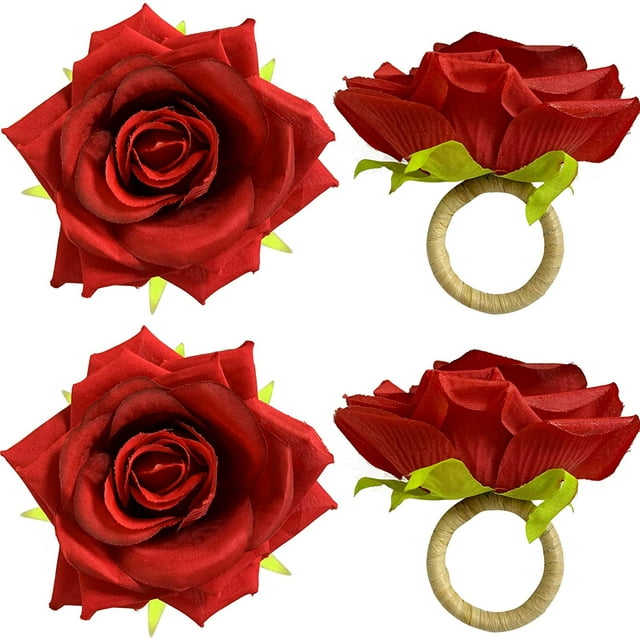 Handicraft Flower Napkin Rings Set of 4, Crafts Vine Design Napkin Holder Rings Table Decorations for Wedding, Valentine's, Banquet, Christmas, Birthday, Thanksgiving, Red