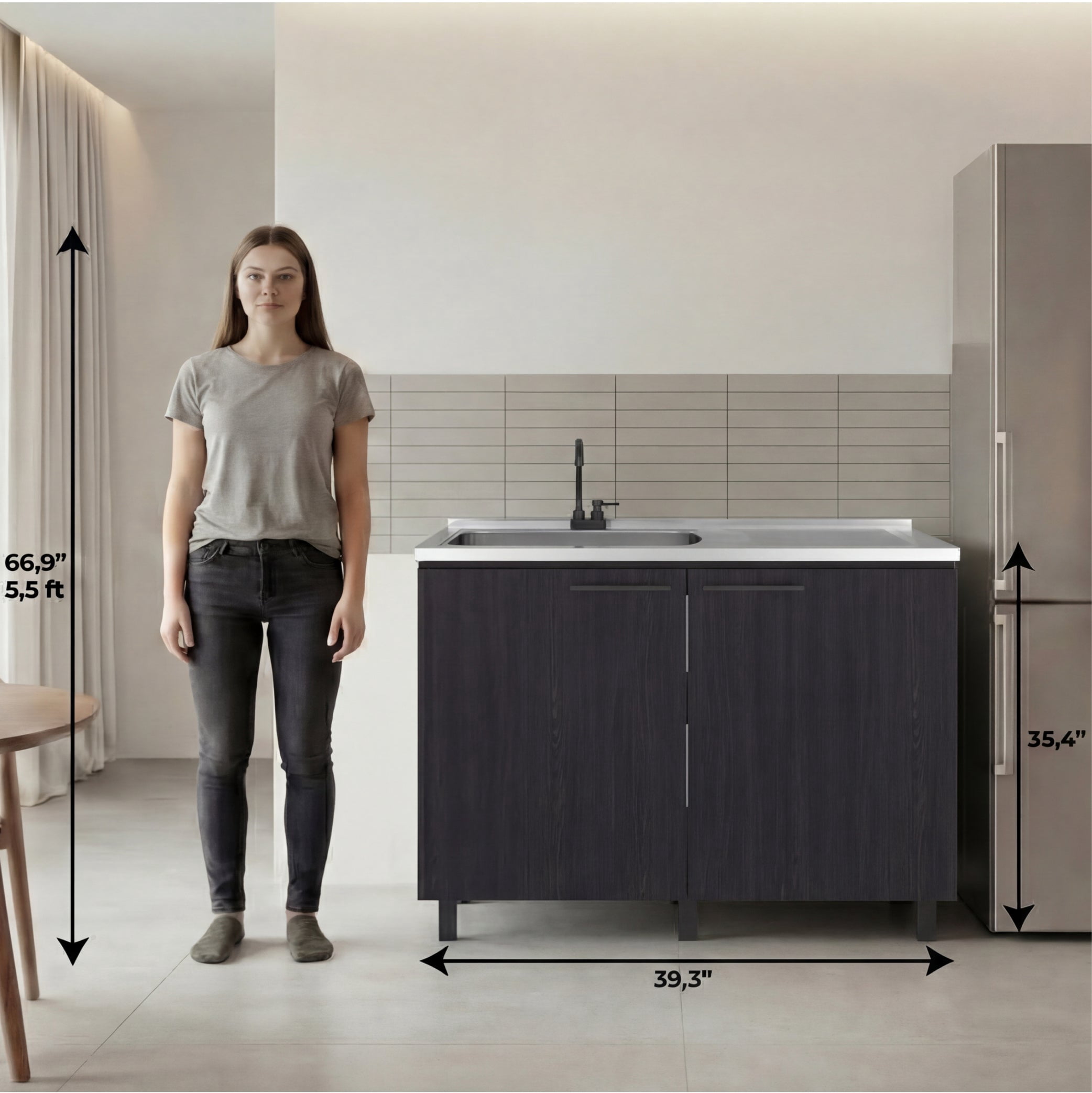 Tuhome Napoles Utility Sink with Cabinet, Stainless Steel Countertop, Interior Storage