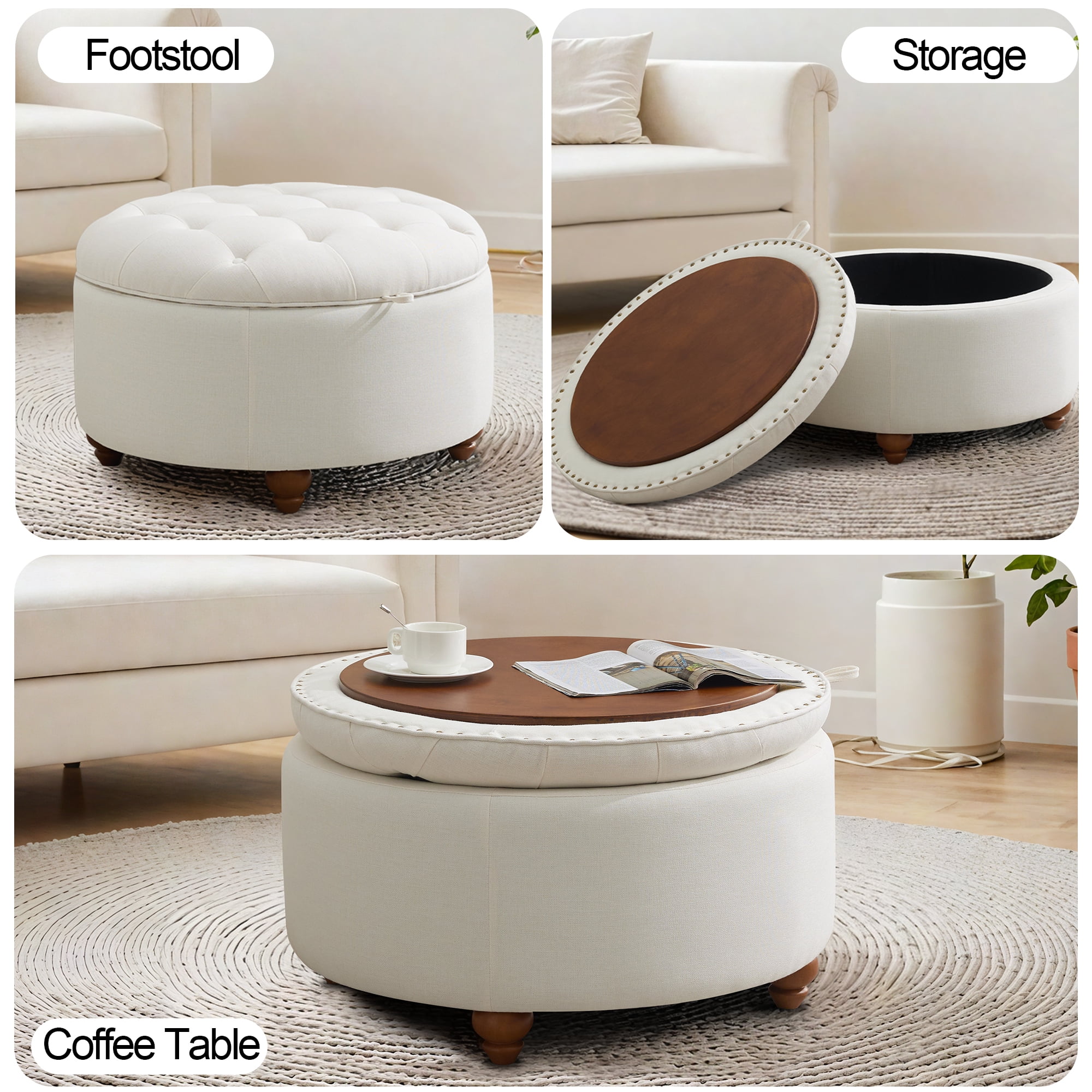 24'' Round Ottoman with Storage, Modern Tufted Fabirc Storage Ottoman with Removable Top for Living Room, Bedroom, Beige