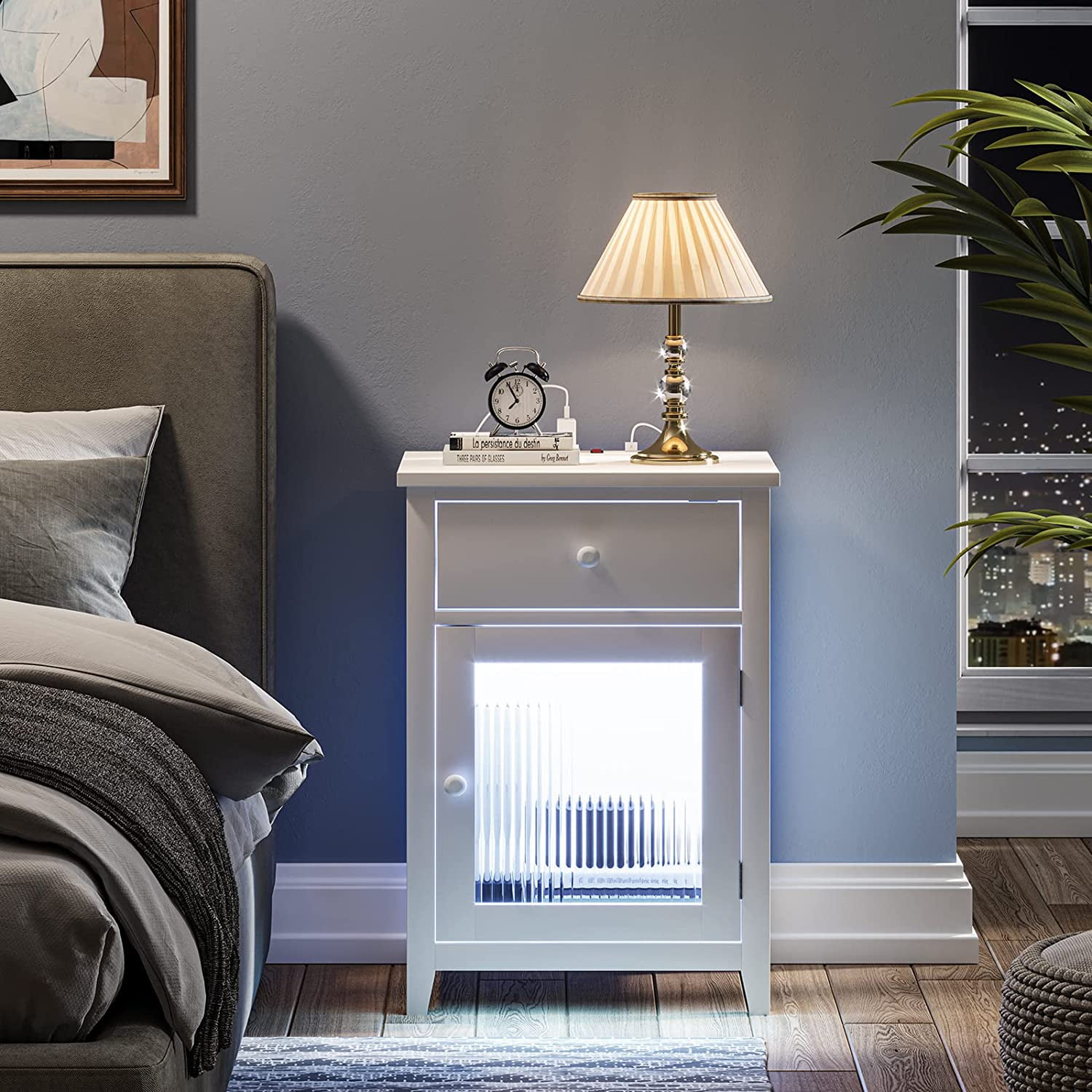 Adorneve Nightstand with Drawer Charging Station 3 Color LED Light, White