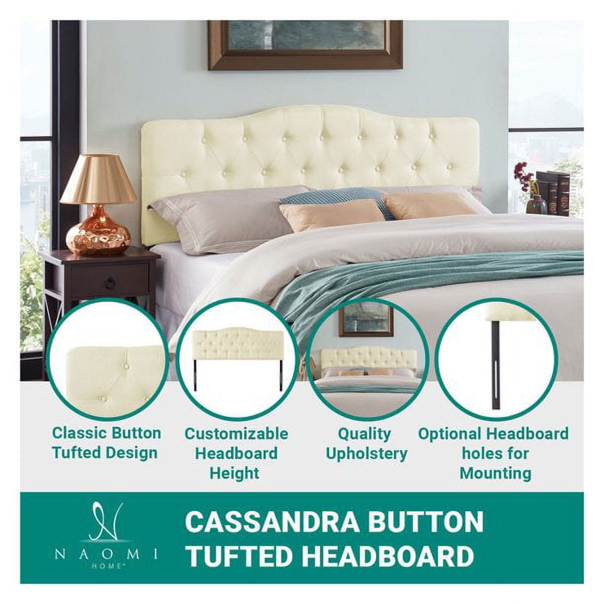 Naomi Home Cassandra Queen size headboard only, Height Adjustable Queen Size Headboard, Button Tufted Headboard with 12 Positions, Metal Legs, Wall/Bed Mount, Linen Fabric headboard Queen, White