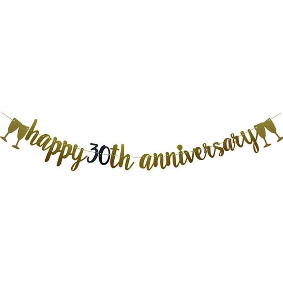 Happy 30th Anniversary Banner， Gold And Black Glitter Paper Party Decorations for 30th Wedding Anniversary Party Supplies Letters Black And Gold