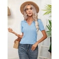 thumbnail image 5 of Women'S Collared Cable Short Sleeve Sweaters Tops Solid V Neck Knit Casual Soft Pullover Shirt Light Blue XL, 5 of 9