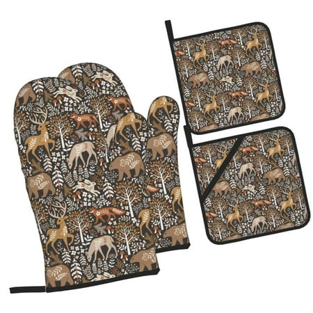 

Haiem Moose fox bear leaf tree Print Extra Long Oven Mitts and Pot Holders 4pc Sets: Heat Resistant Silicone Oven Mittens with Mini Oven Gloves and Hot Pads Potholders