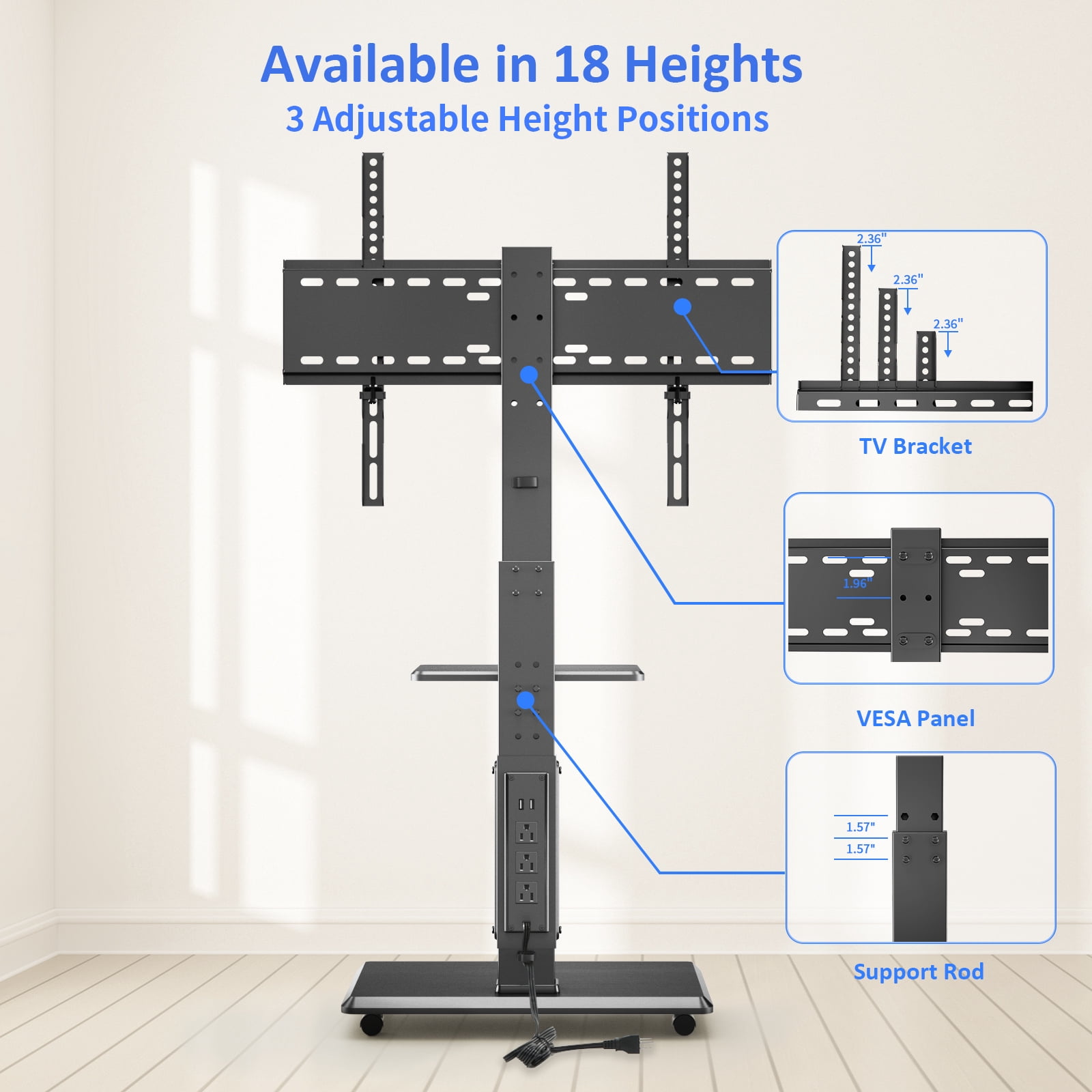 Rolling TV Stand with Power Outlet, Mobile TV Cart for 32-75 Inch TVs up to 110 lbs, 18 Adjustable Heights, Max VESA 600x400mm, TV Floor Stand with Swivel Mount/Shelf/Wheels, Fits for Bedroom