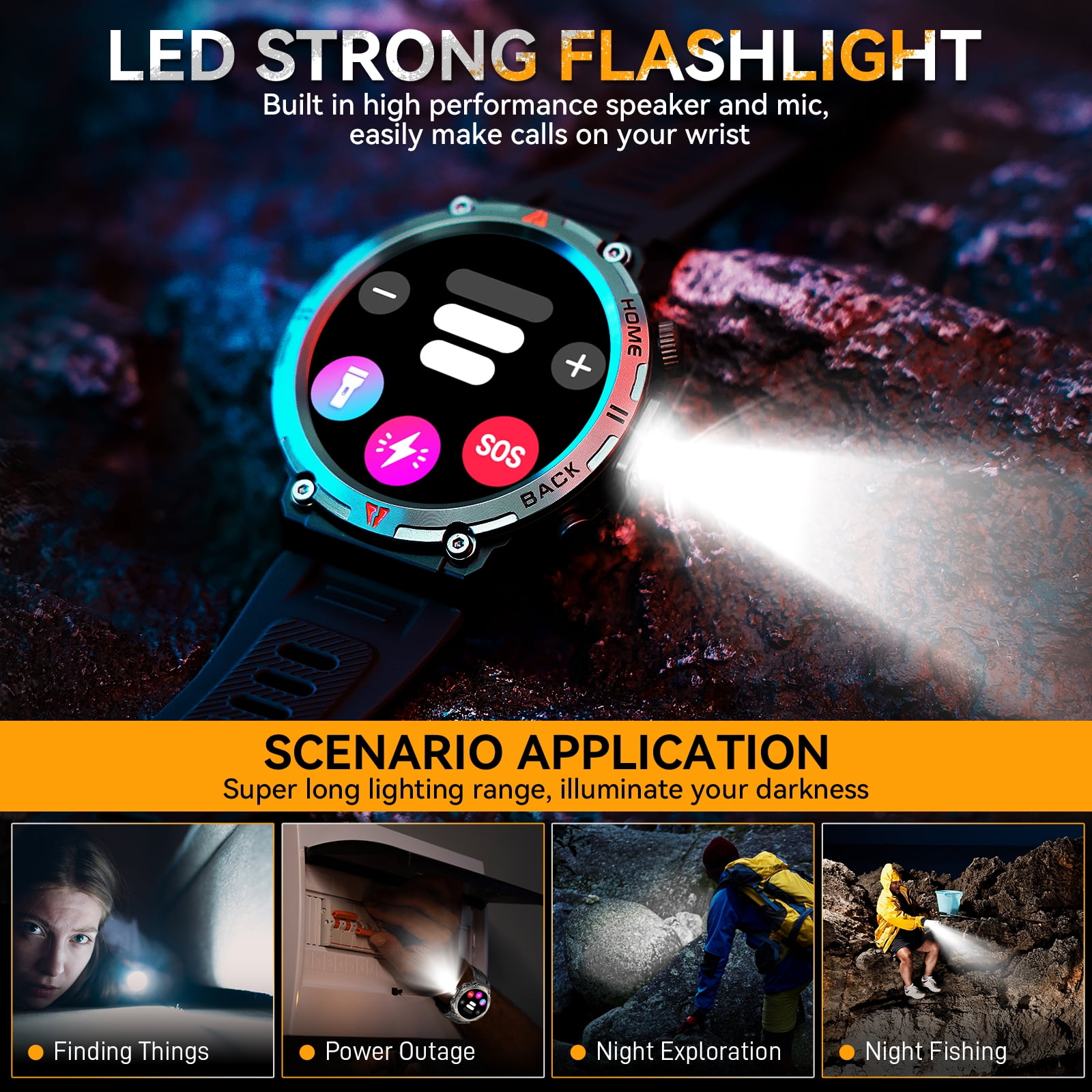 EIGIIS KE3Pro Smart Watch with Flashlight for Men, 3ATM Waterproof Watch with GPS, 530mAh Outdoor Sports Watch Compatible with Android iOS, 1pc