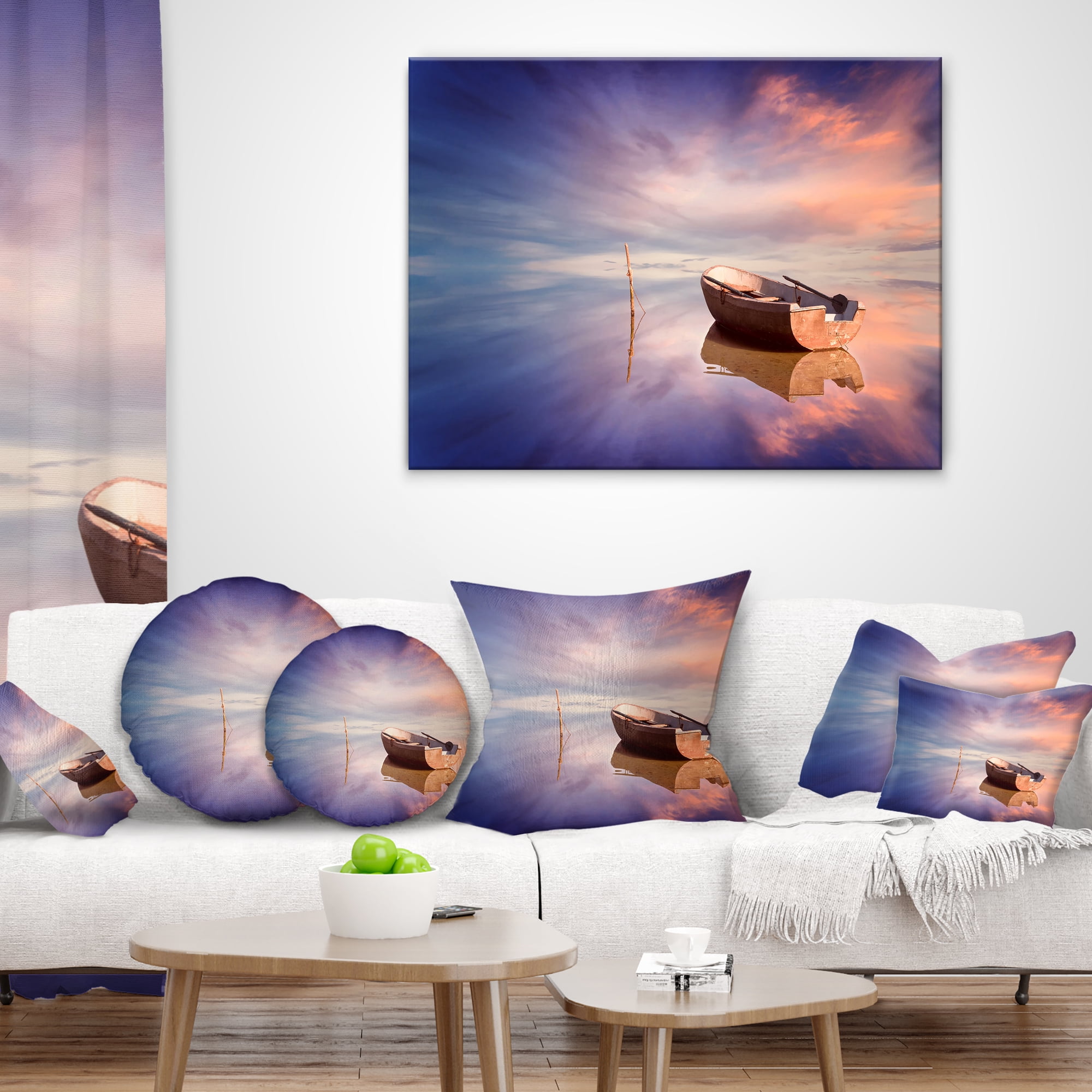 Designart Lonely Boat in Colorful Sea - Seascape Throw Pillow - 16x16