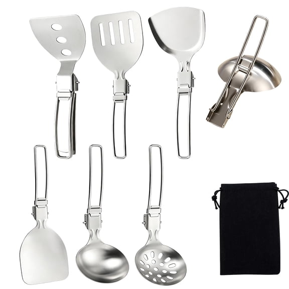 6Pcs Camp Cooking Utensil Set 304 Stainless Steel Folding Metal Spatula Set with Storage Bag Portable Cookware Kit for Outdoor Cooking, Hiking, Camping & BBQ