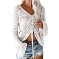 thumbnail image 3 of Womens Boho Off Shoulder Sheer Crochet Crop Top with Bell Sleeves Flowy Oversized Ruched Pullover Sweater, 3 of 6