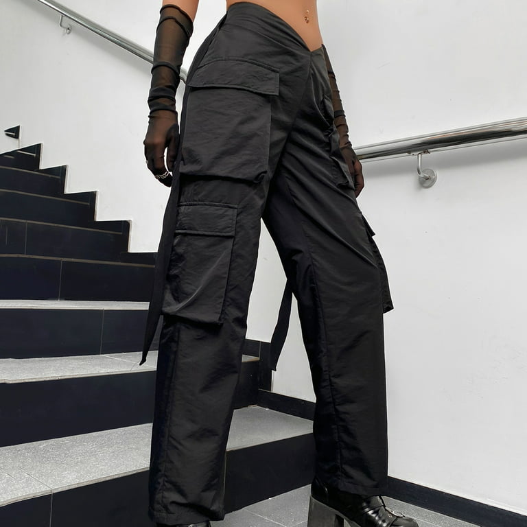 Women's Cargo Y2K Parachute Pants Oversize Pockets wide leg S-XL black gray  Stre