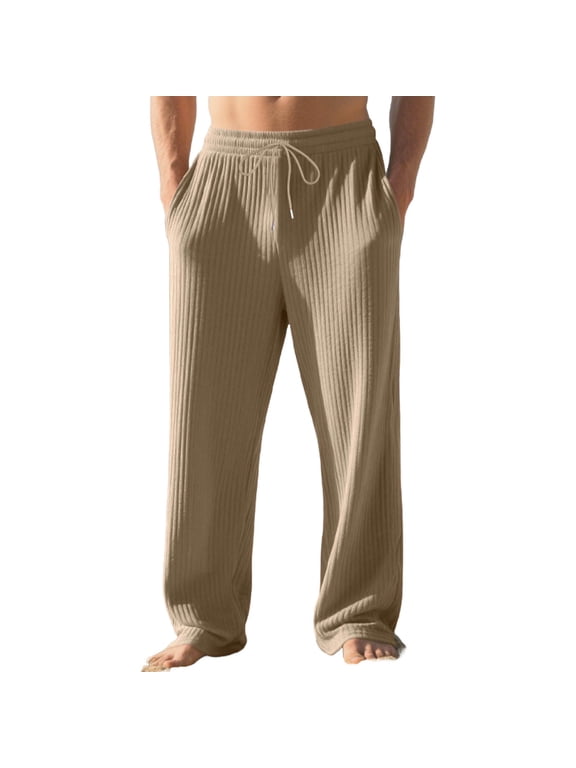 Men's Solid Beach Straight Leg Long Pants Elastic Drawstring Waist with Pockets Lightweight Loose Summer Daily Leisure Trousers Khaki S