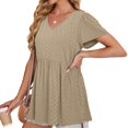thumbnail image 6 of AherBiu Boho Tops for Women Eyelet Hole Stretch V Neck Short Sleeve Dressy Casual Blouse Ruffle Tunic Shirts, 6 of 9