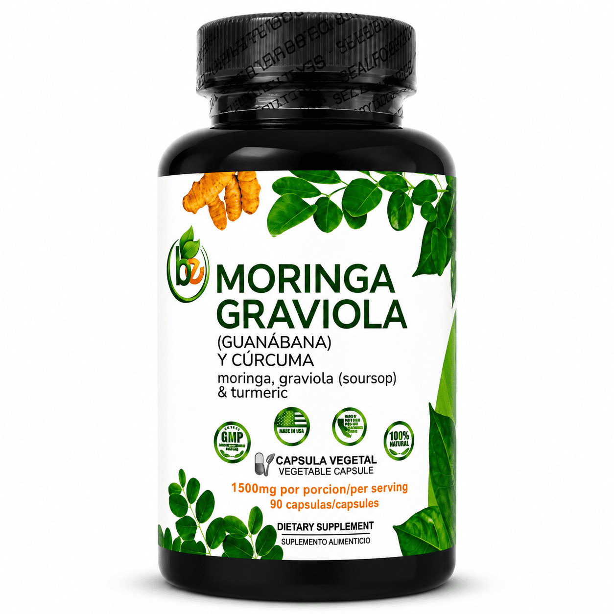 Moringa, Soursop (Guanábana) & Turmeric (Cúrcuma) - 90 Vegetable Capsules - 1500mg Per Serving - 100% Natural Organically Grown Ingredients - Powerful Antioxidant & Immune Support Blend - Authentic b
