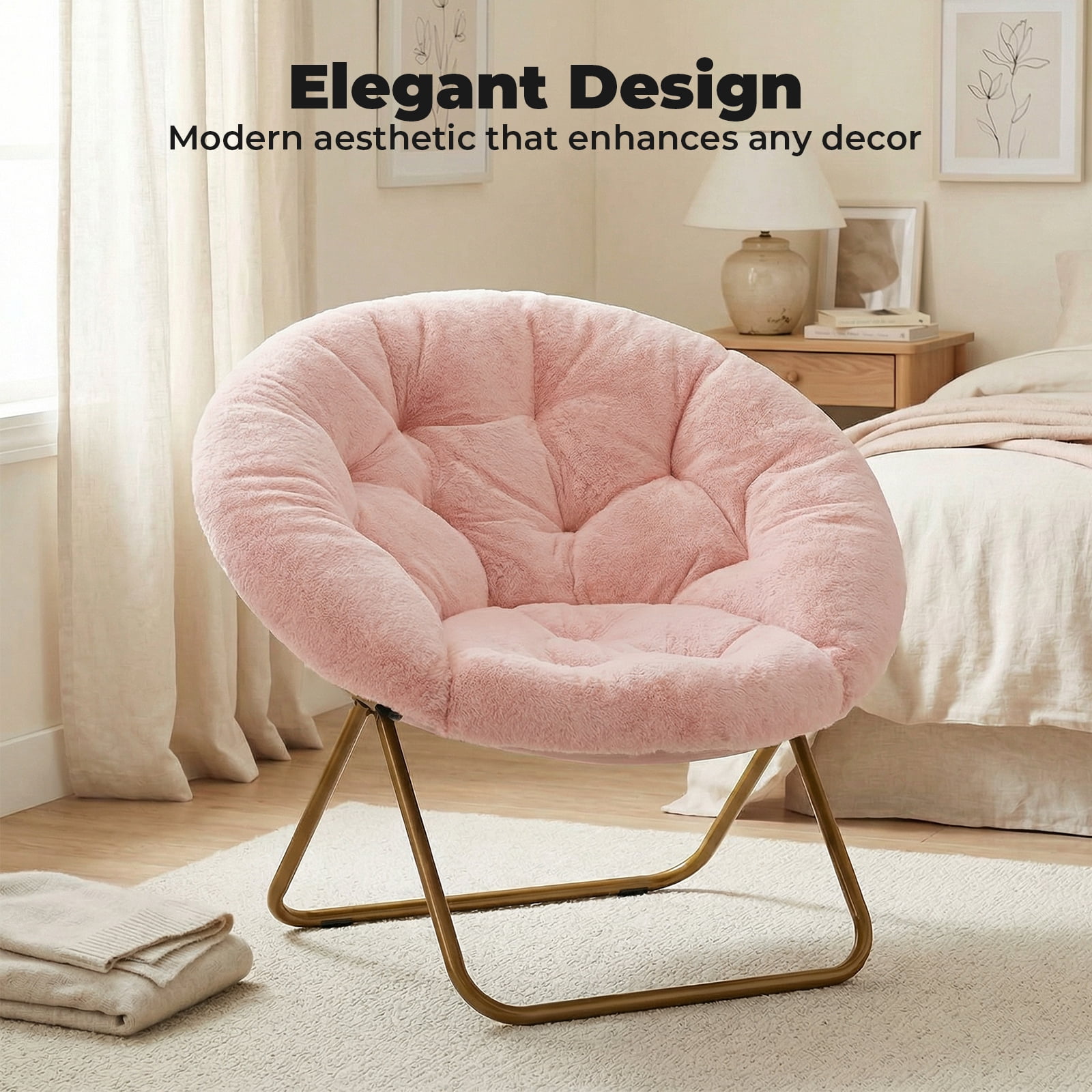 Alvantor Faux Fur Saucer Chair - Elegant Folding Disc Chair for Living Room & Bedroom, Gray/White/Pink