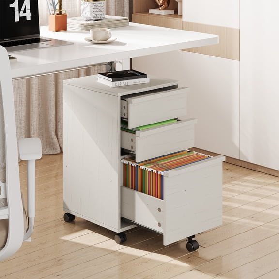 3 Drawer Rolling Wood File Cabinet, Mobile Under Desk Printer Stand with Wheels, Large Hanging File Drawer, Lateral Storage for Letter A4,White