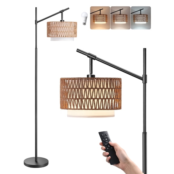 EDISHINE 63.78" Rattan Floor Lamps with Remote for Living Room, Black Standing Lamp with Double Drum Shade, Boho Farmhouse Tall Lamp for Bedroom, With LED Light Bulb