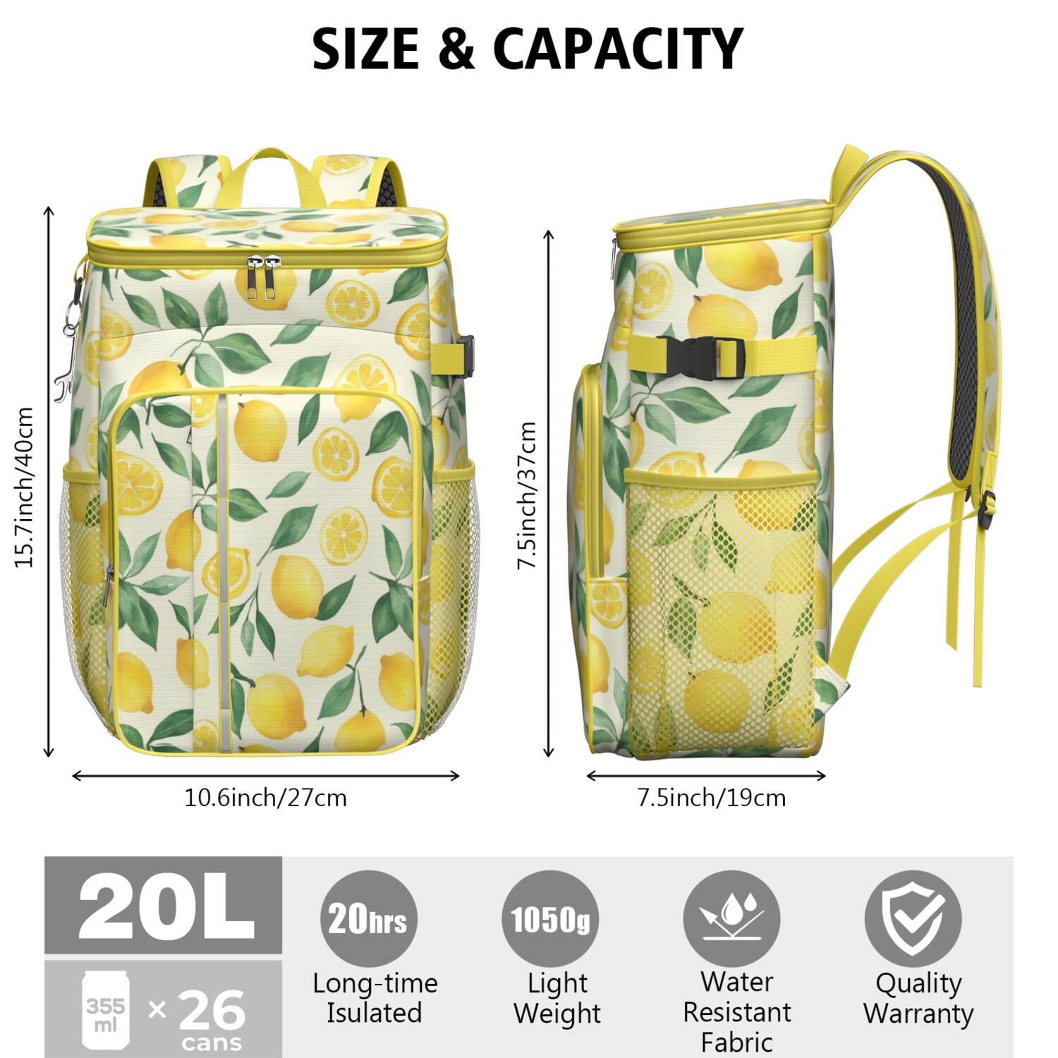 Travel Cooler Bag - Lemon Camping Beer Cooler Backpack with Bottle Opener- Waterproof Insulated Picnic Backpacks - Cooler Bag for Beach