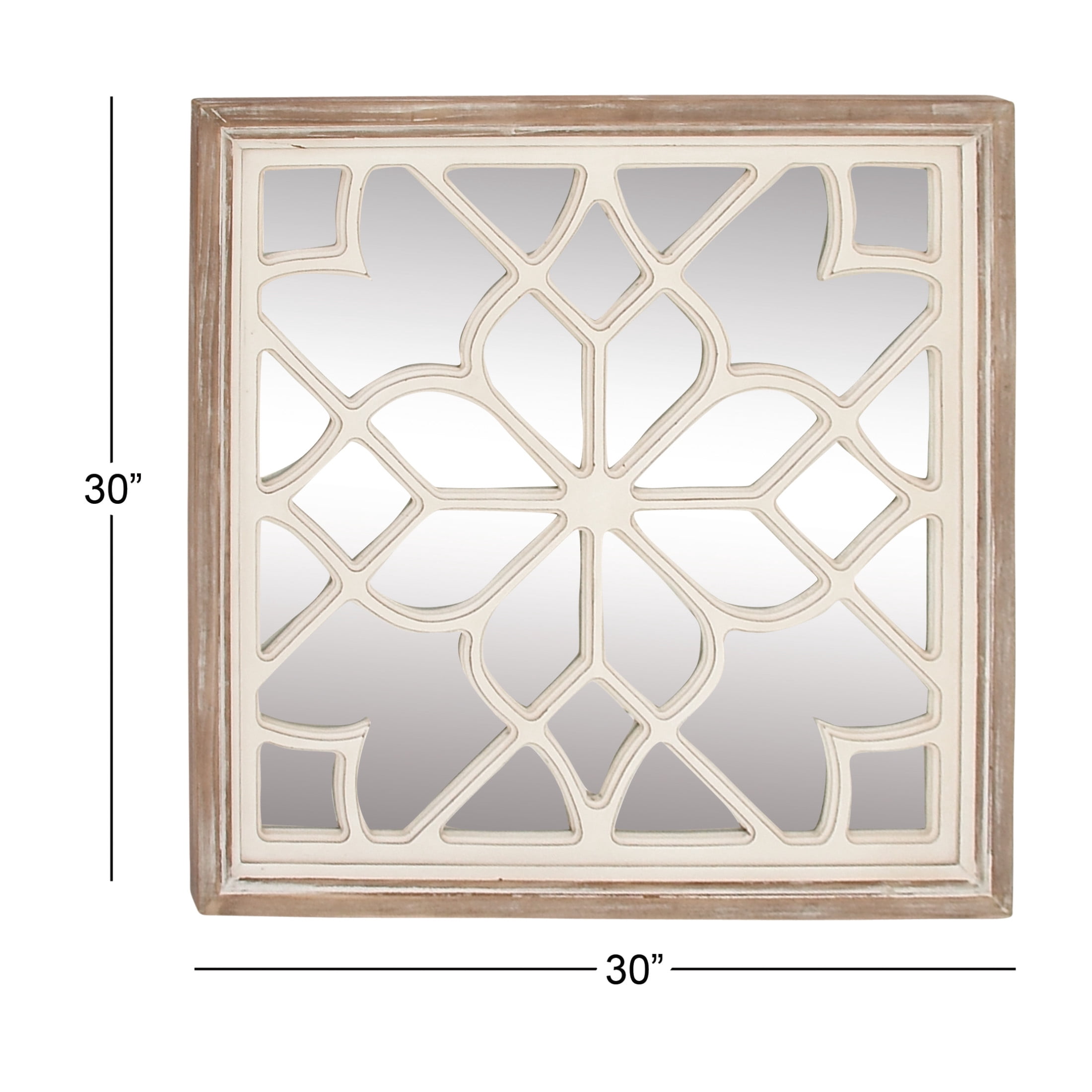 DecMode White Wood Floral Room Wall Mirror with Carved Overlay and Brown Frame, 30" x 1" x 30"