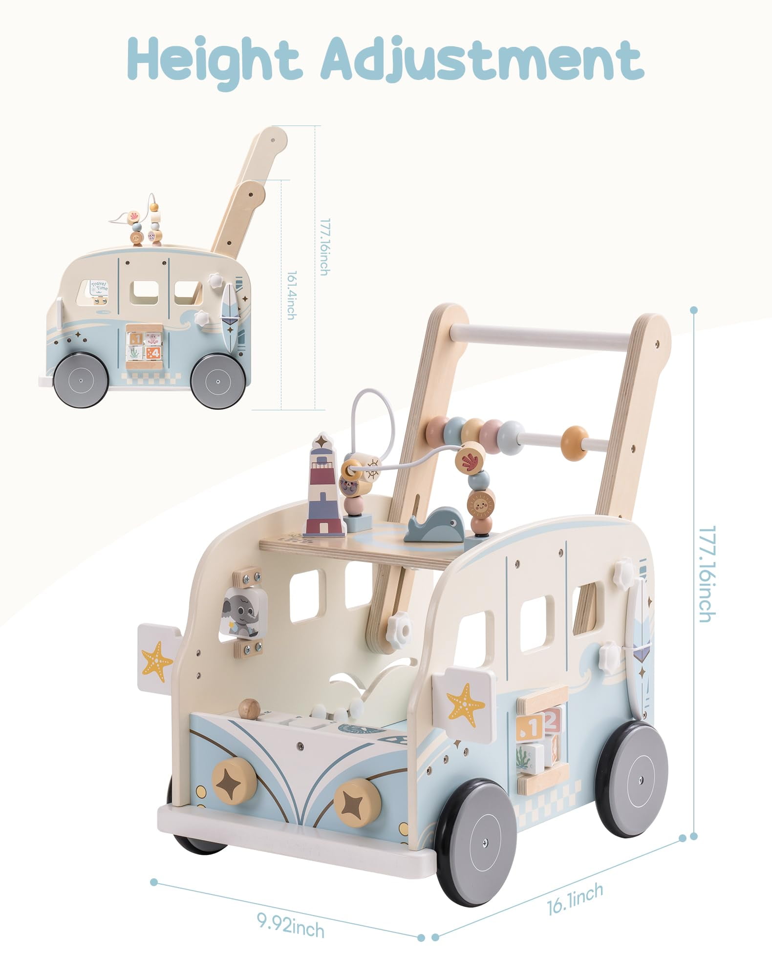 Robud Baby Push Walker Wooden Furniture Multi-Functional Toy Vacaction Bus for Boys Girls Kids Gift,Blue