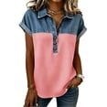 thumbnail image 3 of Sentmoon Ensemble 2 Pcs pour Femmes Chemise en Jean Chemise pour Femmes Manches Courtes Col à Revers Patchwork Coupe Régulière avec Imprimé Blouses Extensibles pour Femmes Ravissant pour Voyage et Vacances 3TG-5TG, 3 of 6
