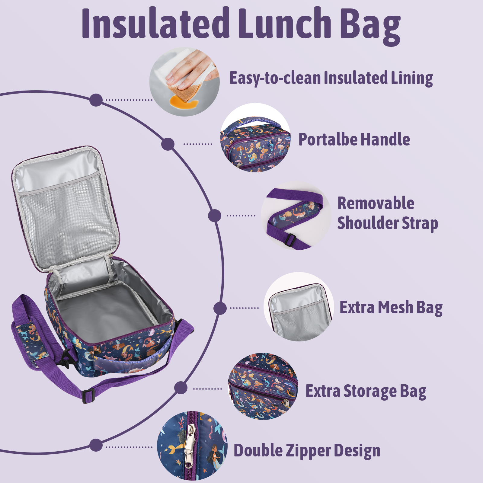 TeSabMi Bento Lunch Box for Kids Insulated Bento Box with Leak Proof Thermos Food Jar  Purple Mermaid