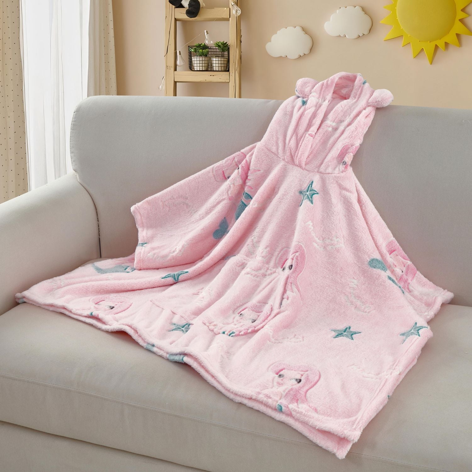 Sweat à capuche Marina Decoration phosphorescent pour enfants et filles, surdimensionné, en flanelle polaire douce et chaude, avec poche géante, 110 x 75 cm, rose sirène