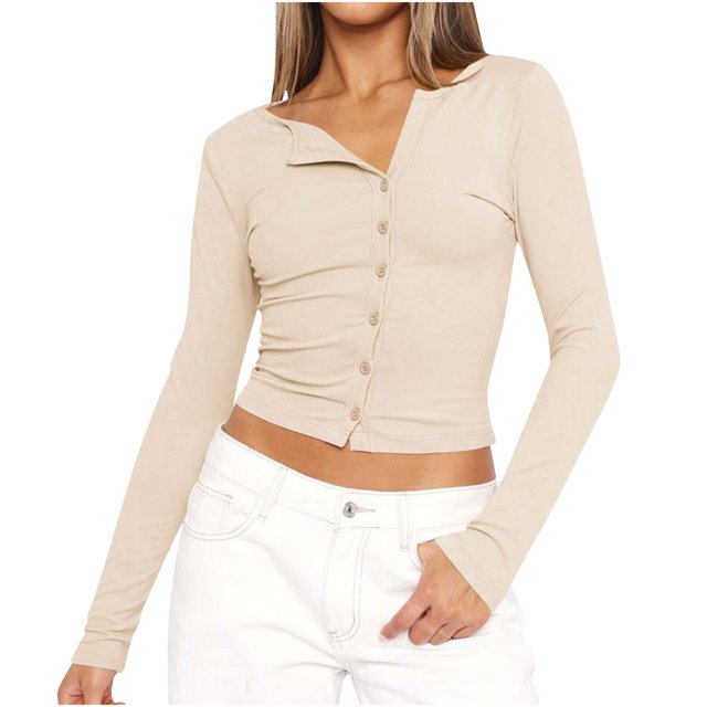 Timegard Going out Tops for Women Button down Notched V Neck Slim Tee Fall Casual Long Sleeve Crop Tops