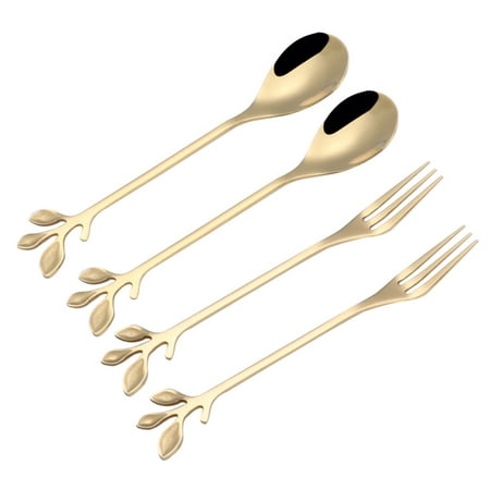 

Homemaxs 4pcs Stainless Steel Leaf Shape Spoon Ice Cream Scoop Long Handle Spoons for Coffee Dessert (2 Spoons+2 Forks) (Golden)
