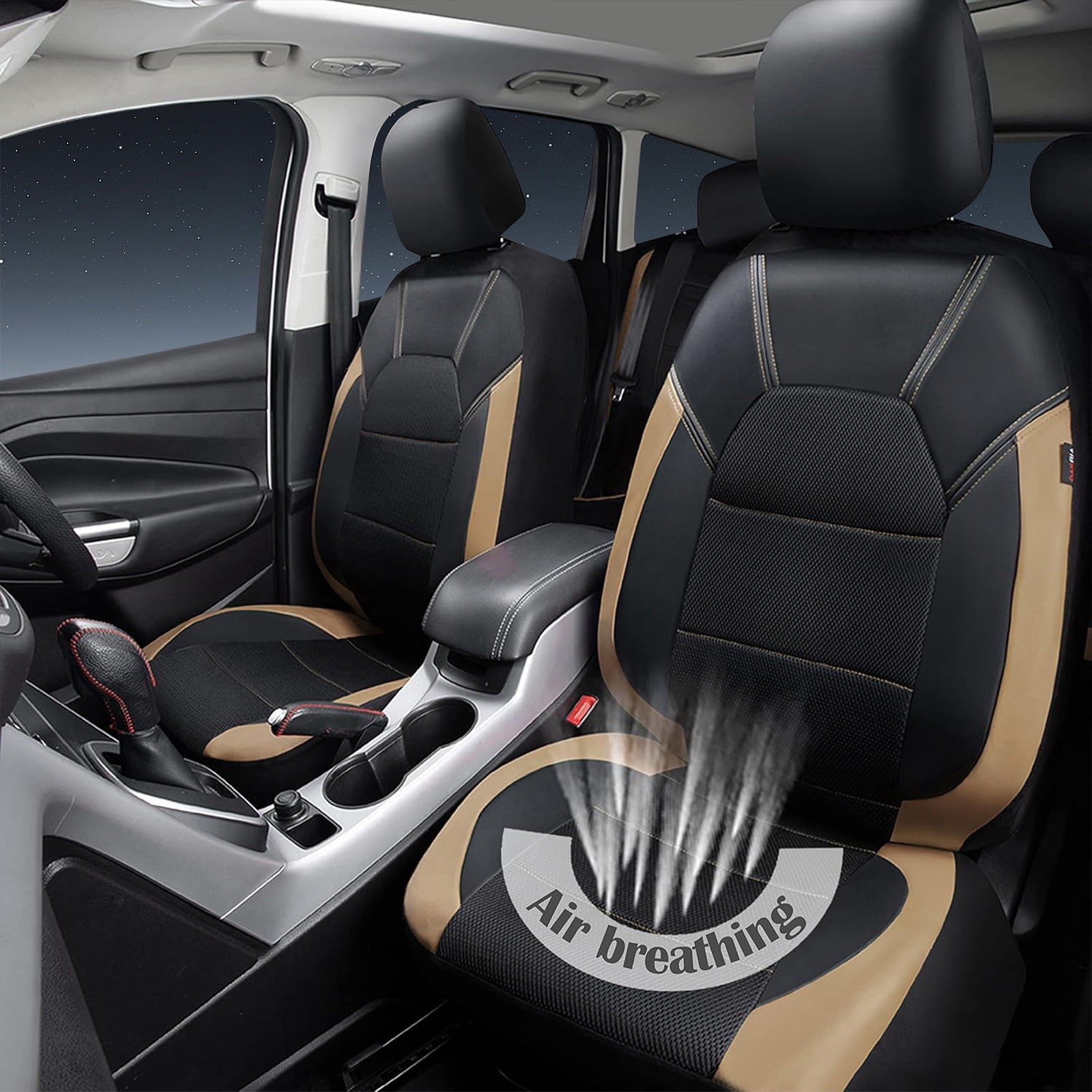 CAR GRAND Leather car seat covers full set air mesh breathable universal fit airbag compatible car, SUV, truck and van Beige