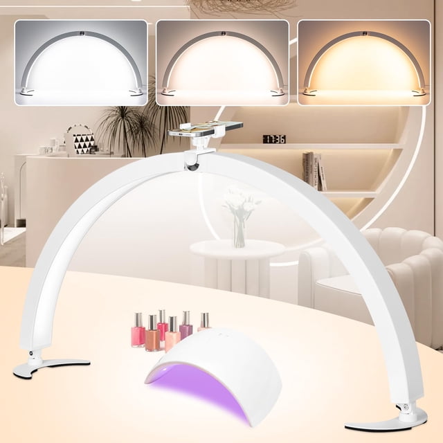 Lámpara de escritorio para uñas HITTI Half Moon de 74 cm con soporte para teléfono, 7 colores