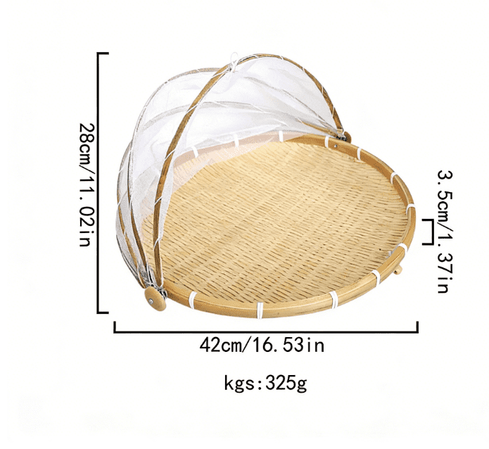 Mesase 3-Piece Bamboo Food Serving Basket Set with Mesh Covers - Hand-Woven Insect-Proof Trays for Fruit, Veg, Bread & Drying (S/M/L) - Also Available Individually