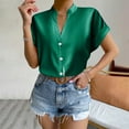 thumbnail image 2 of RYRJJ Silk Button Down Shirts for Women Satin Short Sleeve V Neck Casual Work Office Blouse Tunic Tops Summer Fashion Clothes(Green,M), 2 of 9