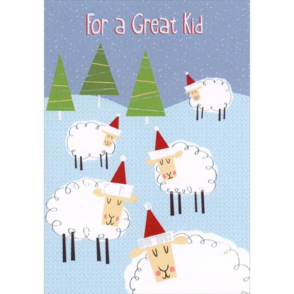 Designer Greetings Five Sleeping Sheep on Light Blue Hill Juvenile Christmas Card for Kid / Young Child