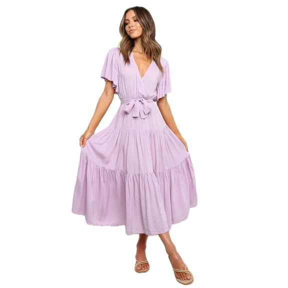 Women's Tied Back Tiered Short Sleeve Midi Dress with 65% Polyester and 35% Cotton for Everyday Wear Layered Silhouette