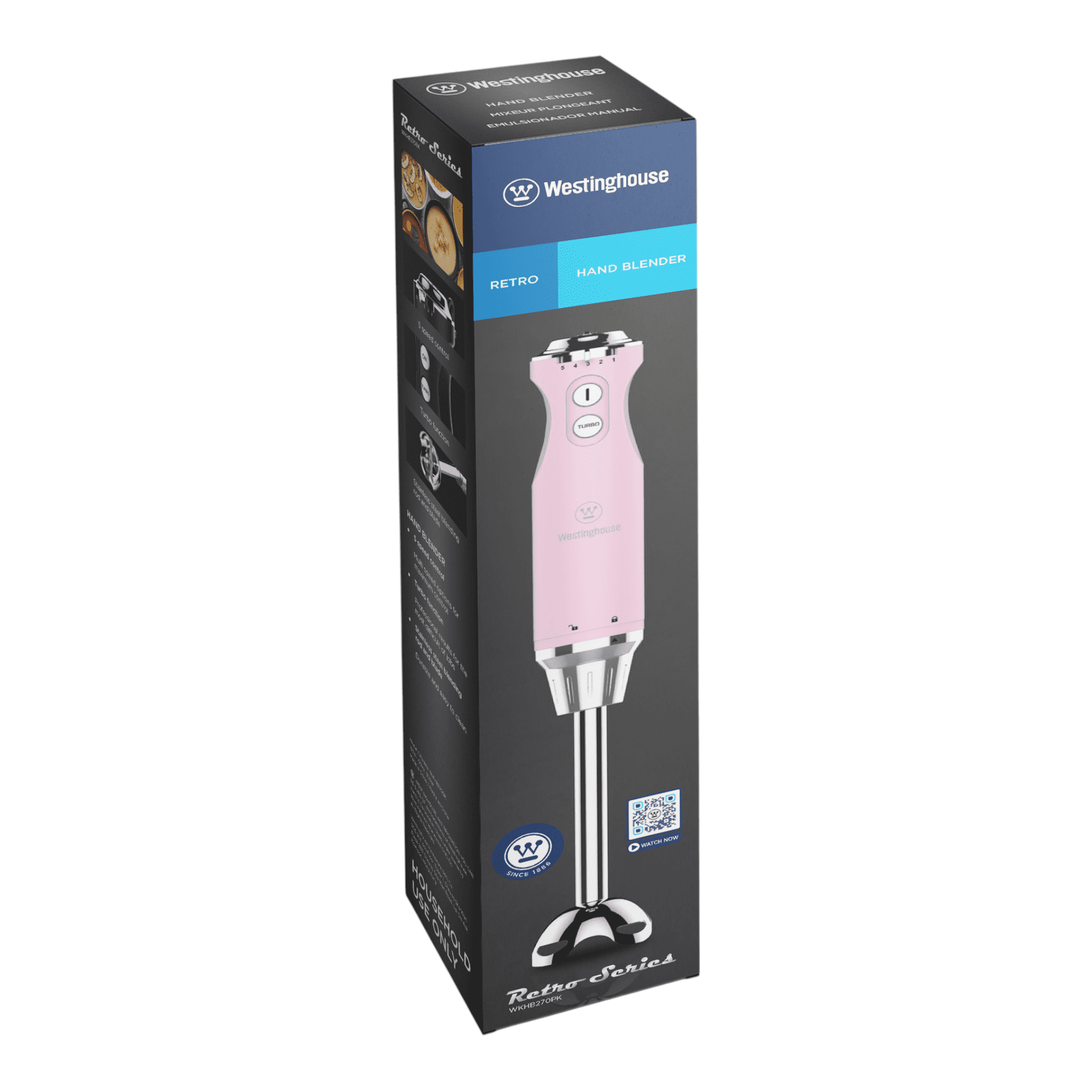 Westinghouse Hand Blender - 5-Speed Immersion Blender with Turbo Function, Stainless Steel Blades & Rod, 500W Power, Detachable Easy Clean Design, Best for Smoothies & Soups - Retro Appliance, Pink