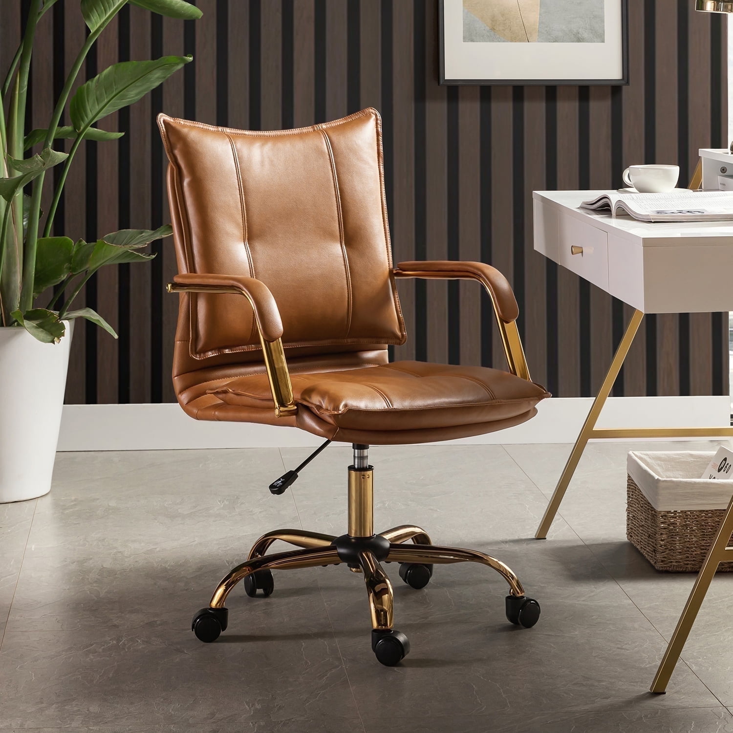 Tina's Home Luxury Faux Leather Office Chair with Golden Accents, Adjustable Swivel Ergonomic Desk Chair for Executive Comfort and Style Camel