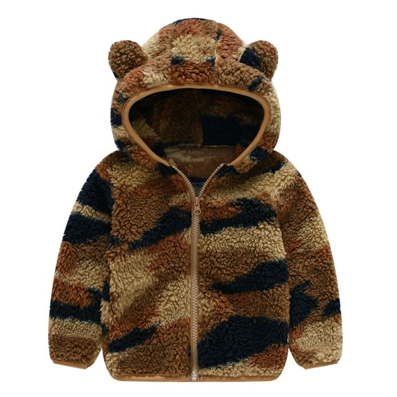 Odeerbi Winter Coats for Kids Toddler Baby Boys Girls Stripe Camouflage Plush Cute Bear Ears Hoodie Thick Jacket Brown