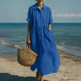 thumbnail image 3 of Crunowin Women's Summer Short Sleeve Button Down Shirt Dress, A-Line Flared Maxi Long Beach Casual Dress Blue M, 3 of 7