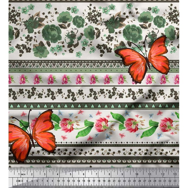 Soimoi Tissu en Rayonne Verte Imprimé Floral & Insecte Tissu Patchwork par la Cour 42 Pouces de Large